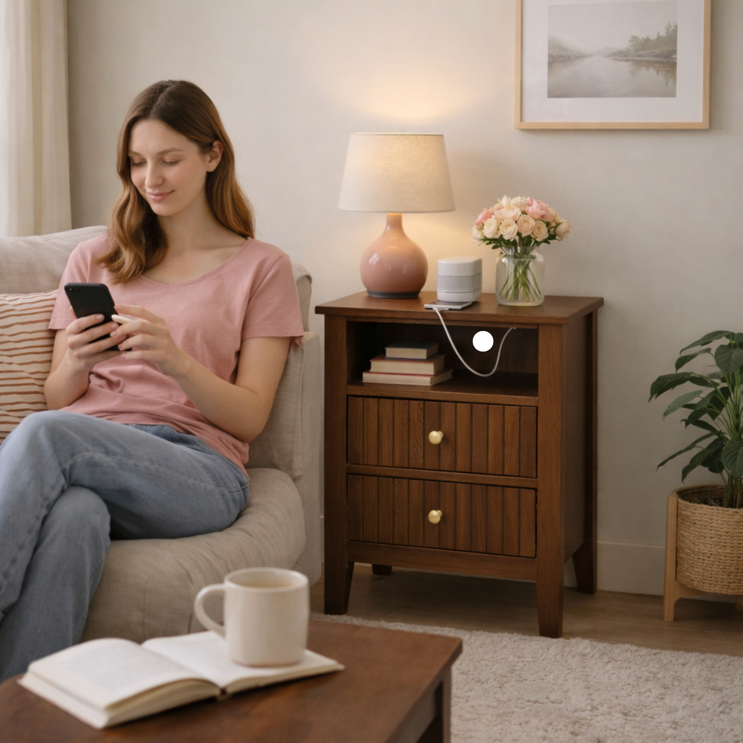 ALTALIA DECO HOME Buró de Madera - Buros para recamara Estilo Moderno Contemporáneo - Mesa de Noche 2 Cajones con Herrajes Dorados y 1 Repisa - Buro para Recámara o Sala Mesita Auxiliar (Café Nogal)