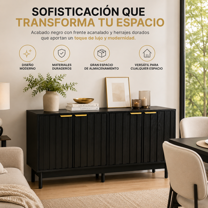 Credenza Bufetera Mueble para Comedor 4 Puertas - Aparador Recibidor Grande 140x40x81 cm - Frente Acanalado Lambrín - Herrajes Dorados - Buffetera para Sala/Recibidor
