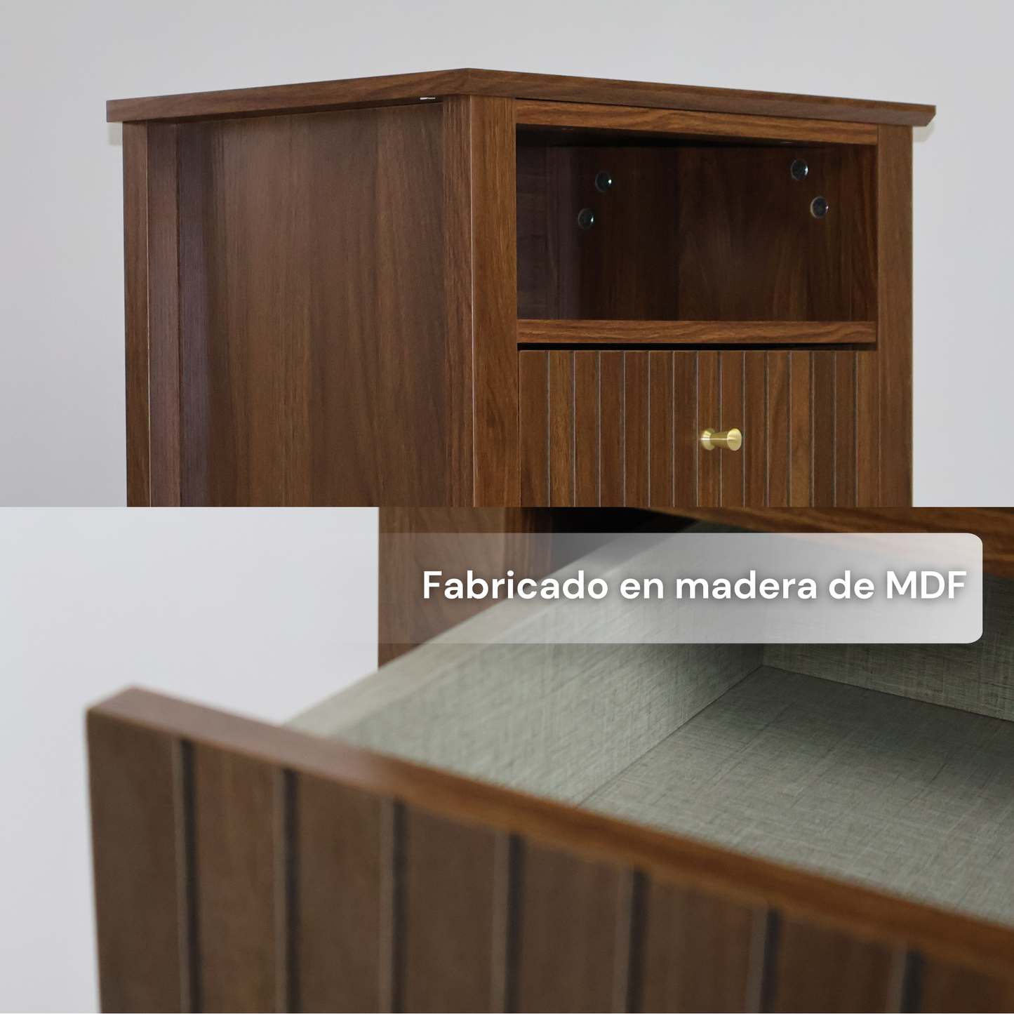ALTALIA DECO HOME Buró de Madera - Buros para recamara Estilo Moderno Contemporáneo - Mesa de Noche 2 Cajones con Herrajes Dorados y 1 Repisa - Buro para Recámara o Sala Mesita Auxiliar (Café Nogal)
