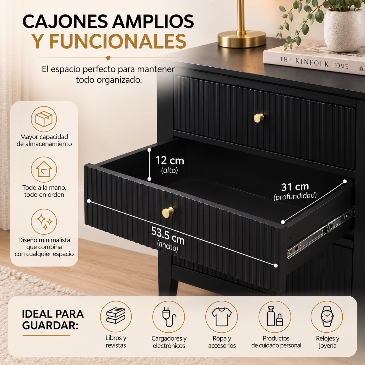 Buró para Recámara Minimalista - Buros Muebles para recamara Anchos, cajonera Mediana de Madera MDF con 3 Cajones - Mesa Auxiliar - 65x40x61.5 cm - Mesa de Noche Ancha
