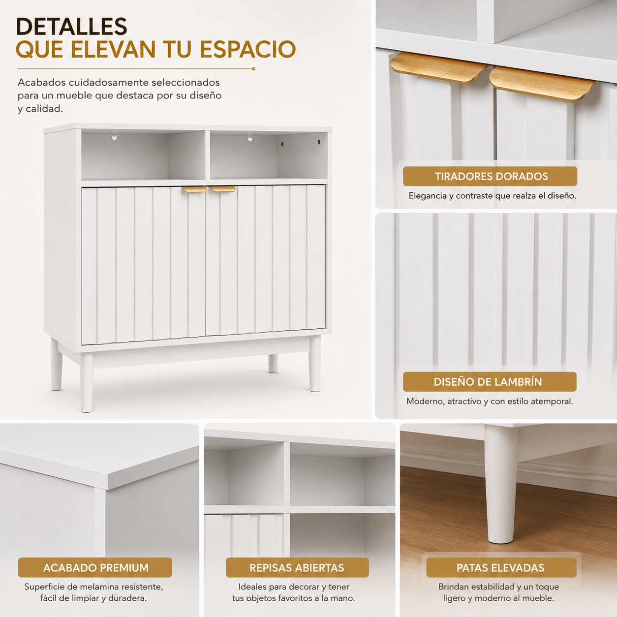 Credenza Bufetera de Madera 88x40x81cm - Trinchador para Comedor con 2 Puertas y Repisas Abiertas - Acabados en Lambrín - Mueble Versátil para Sala, Cocina, Recibidor