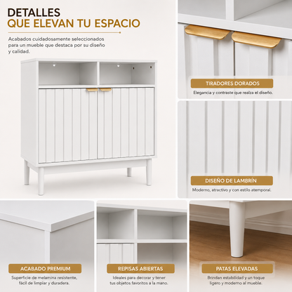 Credenza Bufetera de Madera 88x40x81cm - Trinchador para Comedor con 2 Puertas y Repisas Abiertas - Acabados en Lambrín - Mueble Versátil para Sala, Cocina, Recibidor