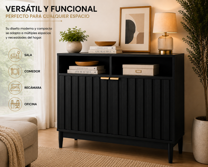 Credenza Bufetera de Madera 88x40x81cm - Trinchador para Comedor con 2 Puertas y Repisas Abiertas - Acabados en Lambrín - Mueble Versátil para Sala, Cocina, Recibidor