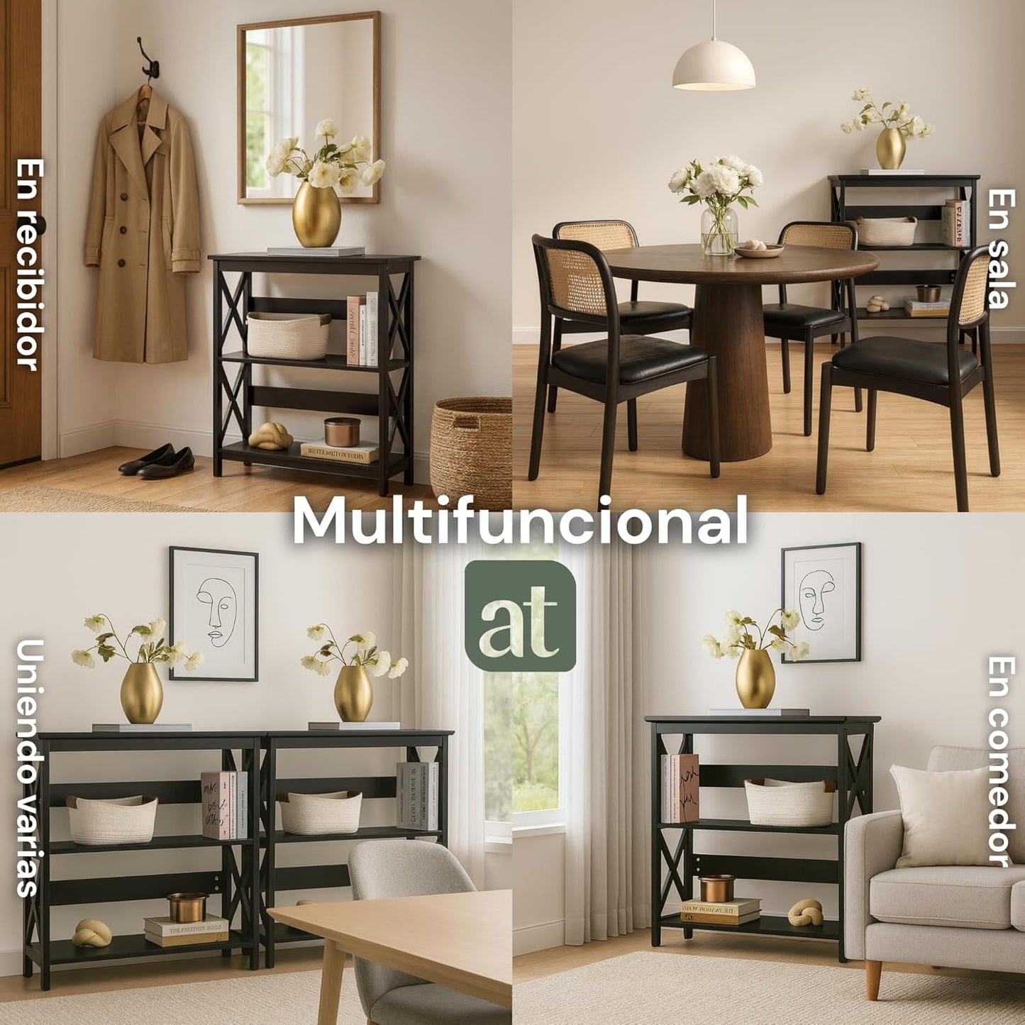 Credenza Recibidor Moderna - Mesa para Recibidor Entrada con 3 Repisas de Madera (Negro)