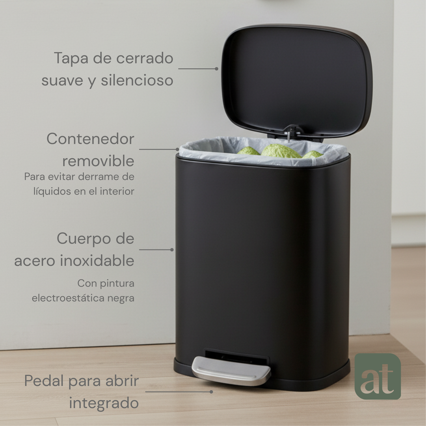 Bote de basura de acero inoxidable negro 5 y 12 Litros con pedal y tapa