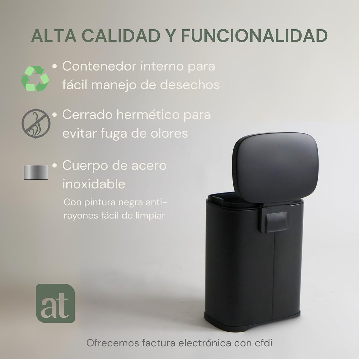 Bote de basura de acero inoxidable negro 5 Litros con pedal y tapa Negro