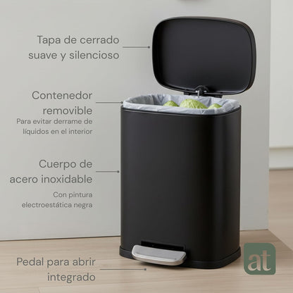Bote de basura con pedal y tapa Negro 12 litros
