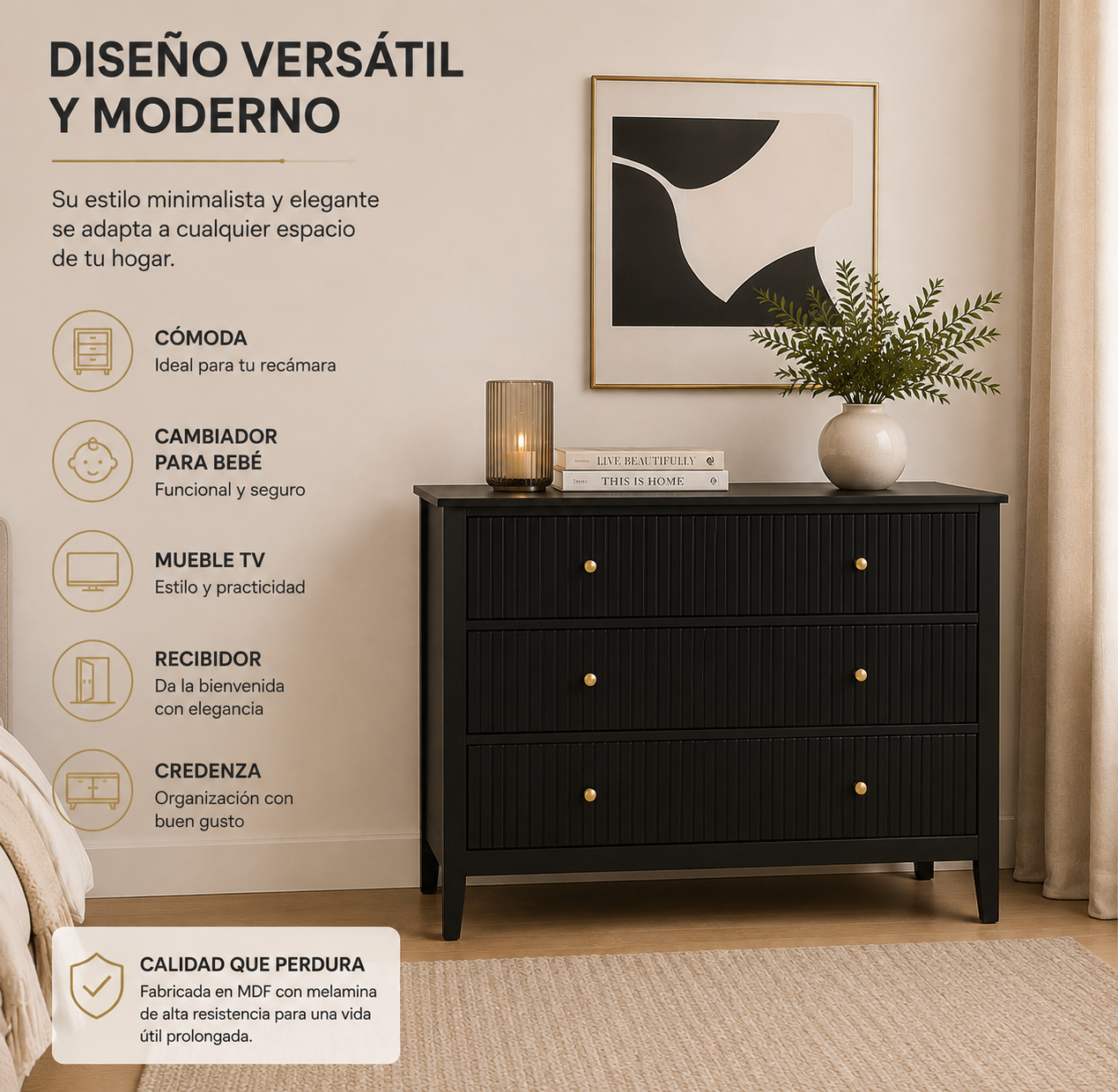Cajonera para Recamara 90x40x80 cm - Cómoda Cajonera de 3 Cajones Madera de MDF - Muebles Versátiles para Ropa, Comoda Cambiador para Bebe, Mueble TV, Recibidor, Credenza