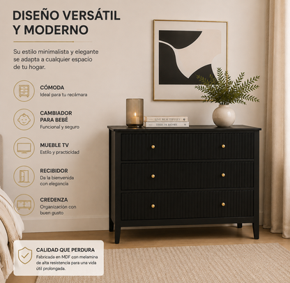 Cajonera para Recamara 90x40x80 cm - Cómoda Cajonera de 3 Cajones Madera de MDF - Muebles Versátiles para Ropa, Comoda Cambiador para Bebe, Mueble TV, Recibidor, Credenza