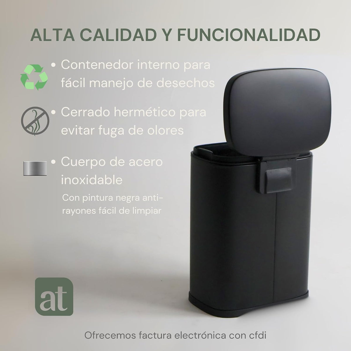 Bote de basura con pedal y tapa Negro 12 litros