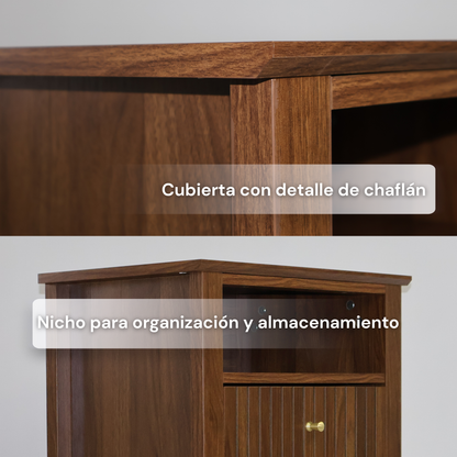ALTALIA DECO HOME Buró de Madera - Buros para recamara Estilo Moderno Contemporáneo - Mesa de Noche 2 Cajones con Herrajes Dorados y 1 Repisa - Buro para Recámara o Sala Mesita Auxiliar (Café Nogal)