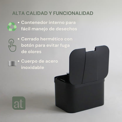 Bote de basura Negro pequeño de repisa para cocina 5 Litros con tapa