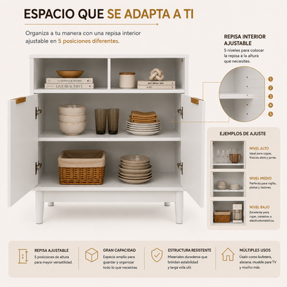 Credenza Bufetera de Madera 88x40x81cm - Trinchador para Comedor con 2 Puertas y Repisas Abiertas - Acabados en Lambrín - Mueble Versátil para Sala, Cocina, Recibidor