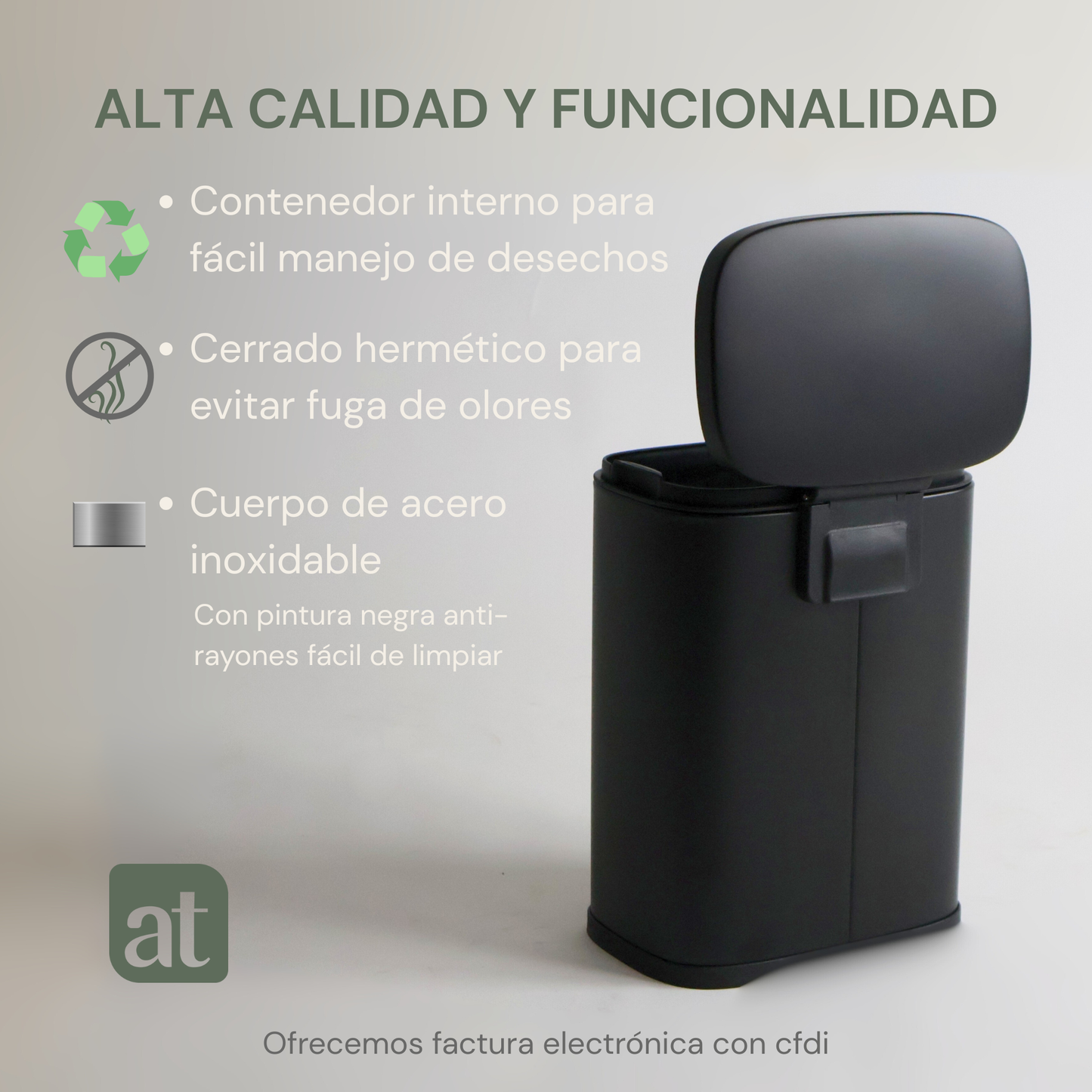 Bote de basura de acero inoxidable negro 5 y 12 Litros con pedal y tapa