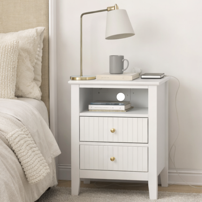 ALTALIA DECO HOME Buró de Madera - Buros para recamara Estilo Moderno Contemporáneo - Mesa de Noche 2 Cajones con Herrajes Dorados y 1 Repisa - Buro para Recámara o Sala Mesita Auxiliar (Blanco)