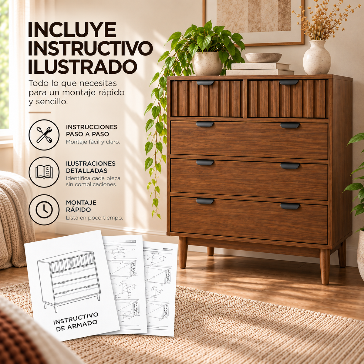 Cajonera Alta Modelo Arno - 80x40x101 cm - Cómoda 5 cajones
