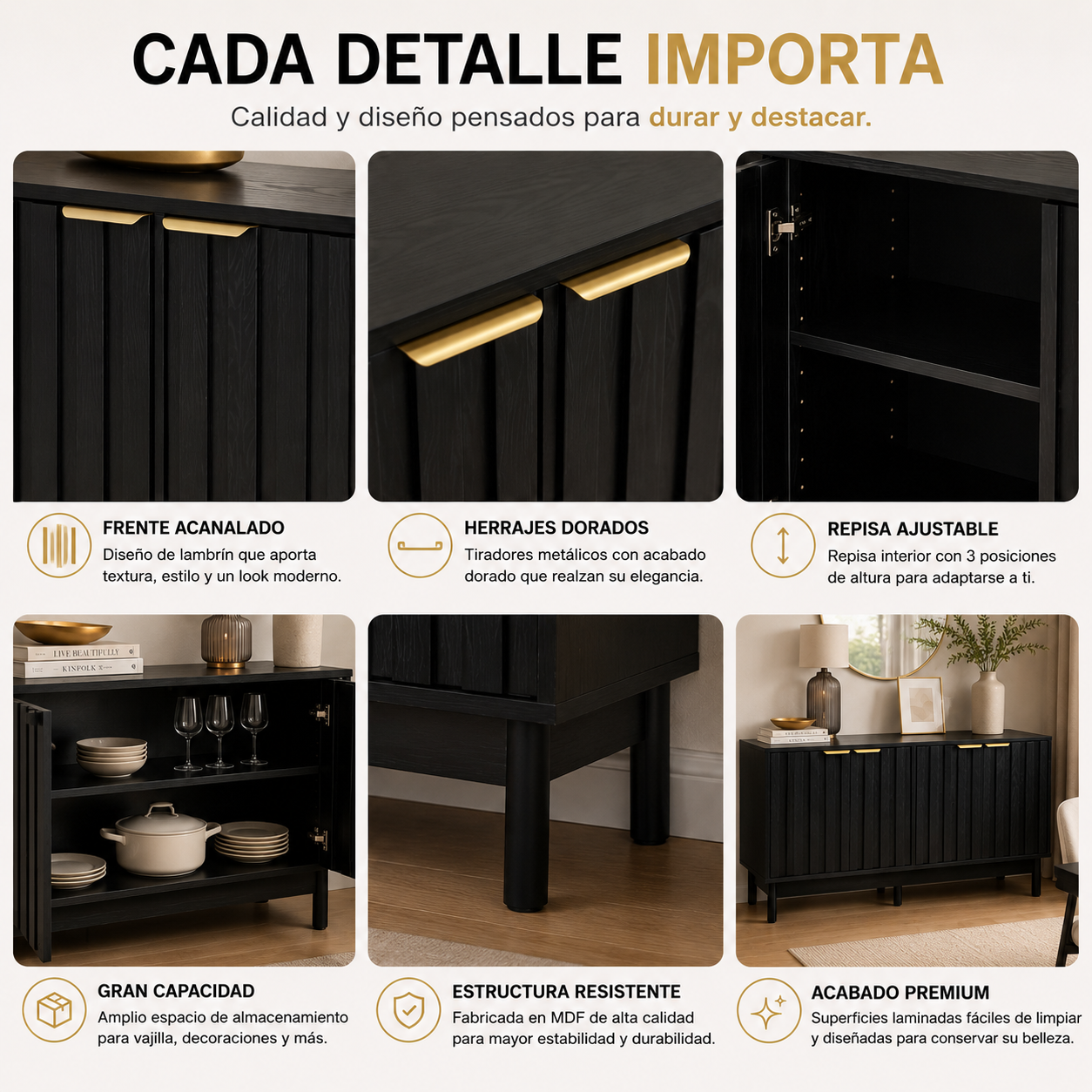 Credenza Bufetera Mueble para Comedor 4 Puertas - Aparador Recibidor Grande 140x40x81 cm - Frente Acanalado Lambrín - Herrajes Dorados - Buffetera para Sala/Recibidor