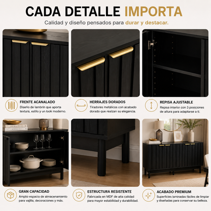 Credenza Bufetera Mueble para Comedor 4 Puertas - Aparador Recibidor Grande 140x40x81 cm - Frente Acanalado Lambrín - Herrajes Dorados - Buffetera para Sala/Recibidor