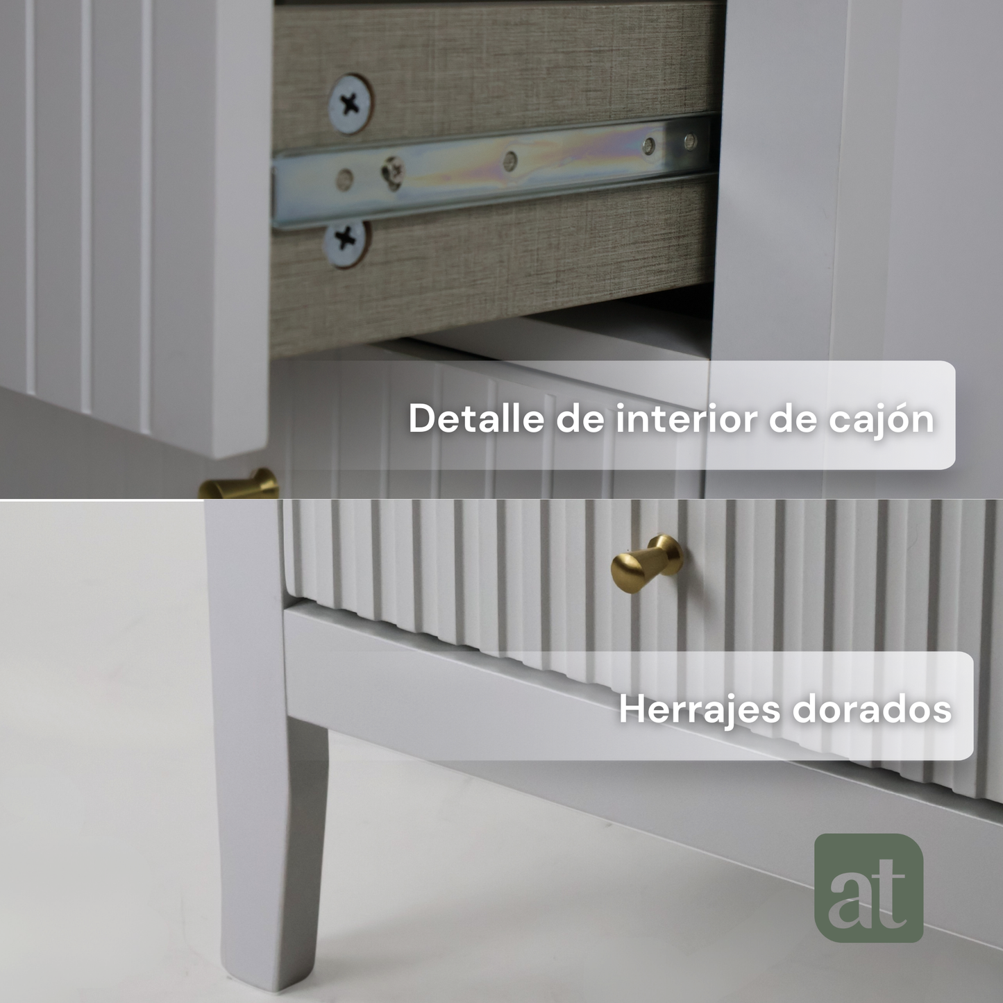 ALTALIA DECO HOME Buró de Madera - Buros para recamara Estilo Moderno Contemporáneo - Mesa de Noche 2 Cajones con Herrajes Dorados y 1 Repisa - Buro para Recámara o Sala Mesita Auxiliar (Blanco)