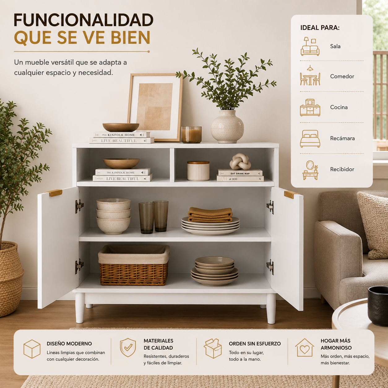Credenza Bufetera de Madera 88x40x81cm - Trinchador para Comedor con 2 Puertas y Repisas Abiertas - Acabados en Lambrín - Mueble Versátil para Sala, Cocina, Recibidor