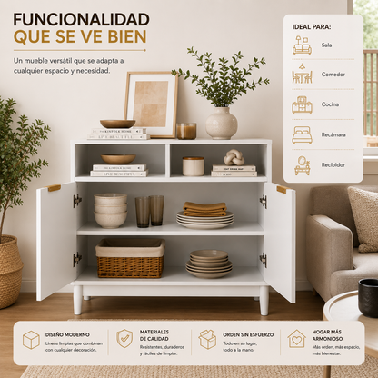 Credenza Bufetera de Madera 88x40x81cm - Trinchador para Comedor con 2 Puertas y Repisas Abiertas - Acabados en Lambrín - Mueble Versátil para Sala, Cocina, Recibidor