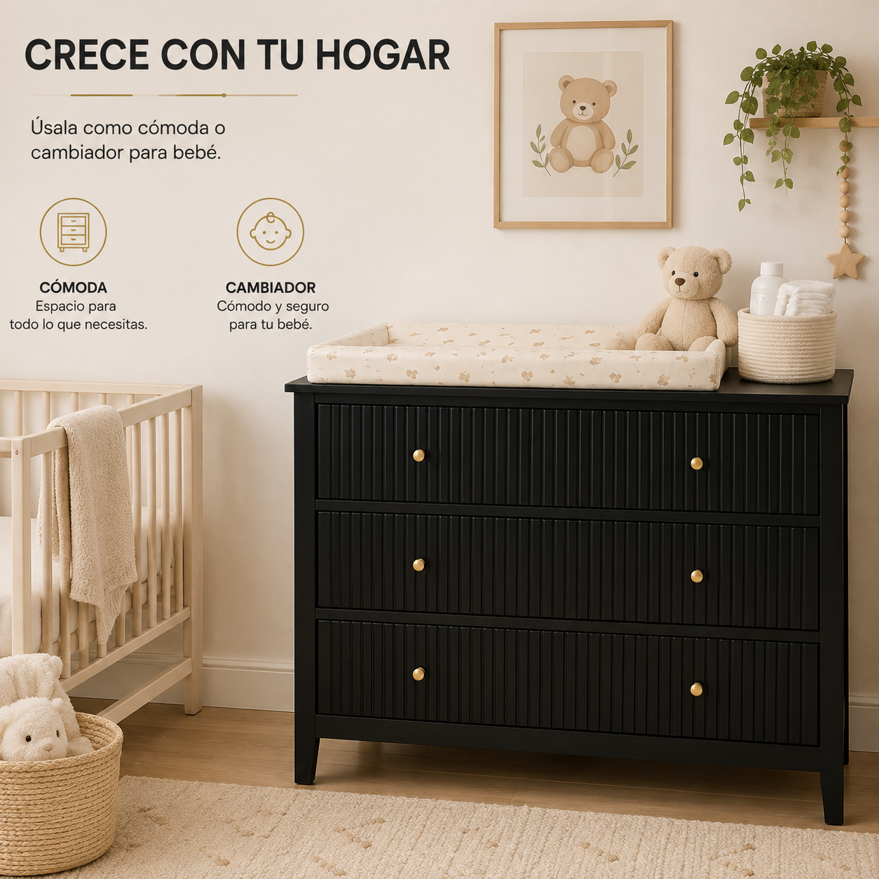 Cajonera para Recamara 90x40x80 cm - Cómoda Cajonera de 3 Cajones Madera de MDF - Muebles Versátiles para Ropa, Comoda Cambiador para Bebe, Mueble TV, Recibidor, Credenza