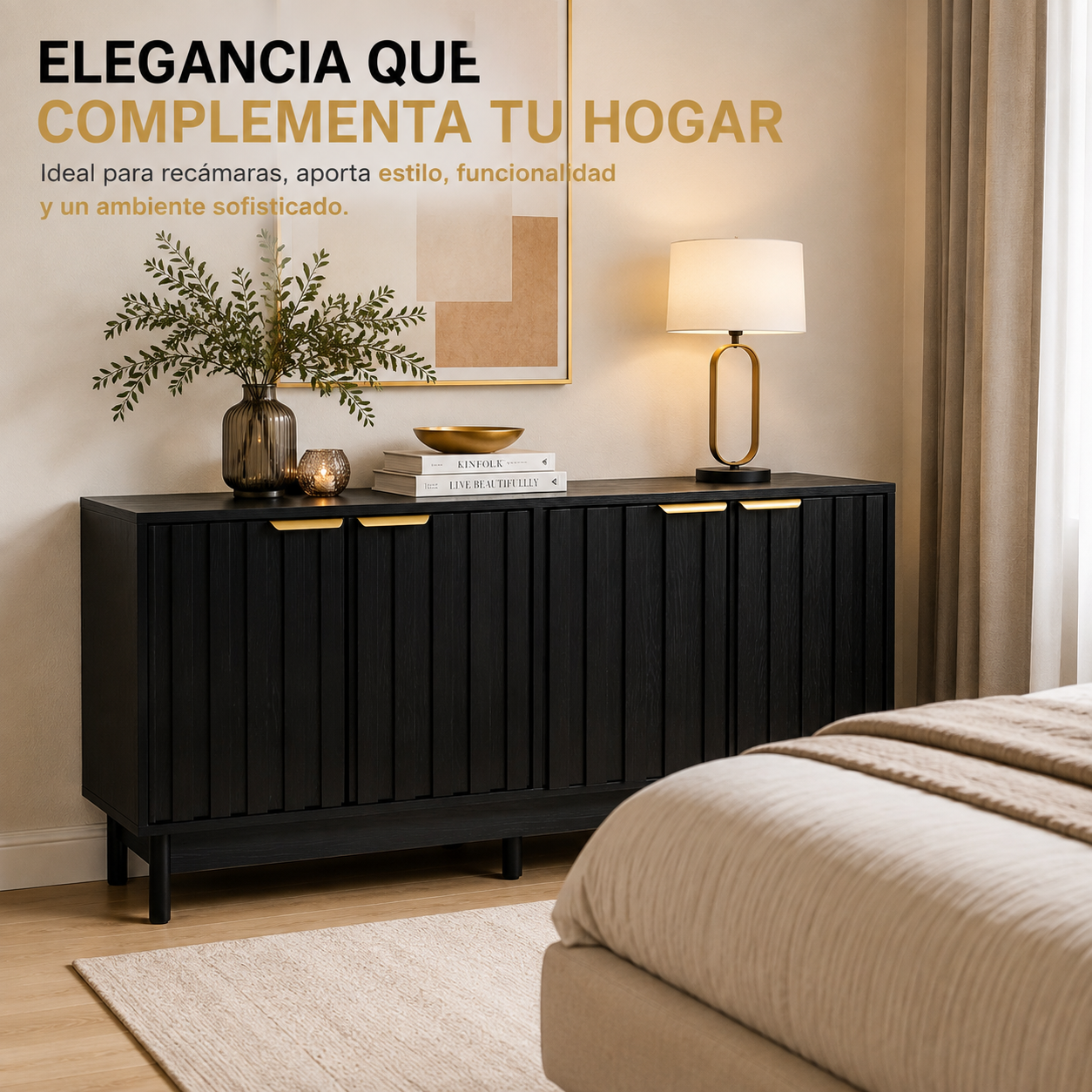 Credenza Bufetera Mueble para Comedor 4 Puertas - Aparador Recibidor Grande 140x40x81 cm - Frente Acanalado Lambrín - Herrajes Dorados - Buffetera para Sala/Recibidor