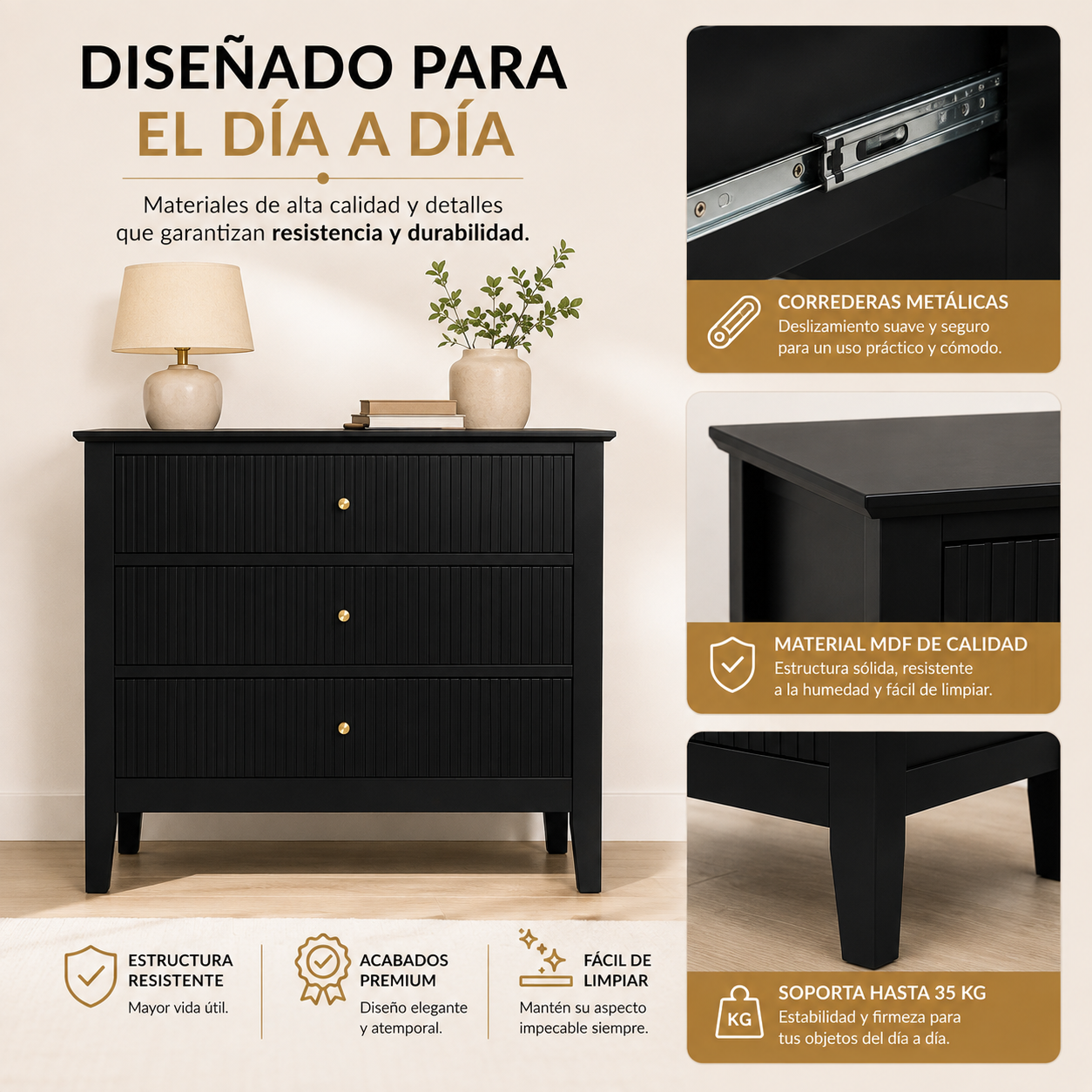 Buró para Recámara Minimalista - Buros Muebles para recamara Anchos, cajonera Mediana de Madera MDF con 3 Cajones - Mesa Auxiliar - 65x40x61.5 cm - Mesa de Noche Ancha