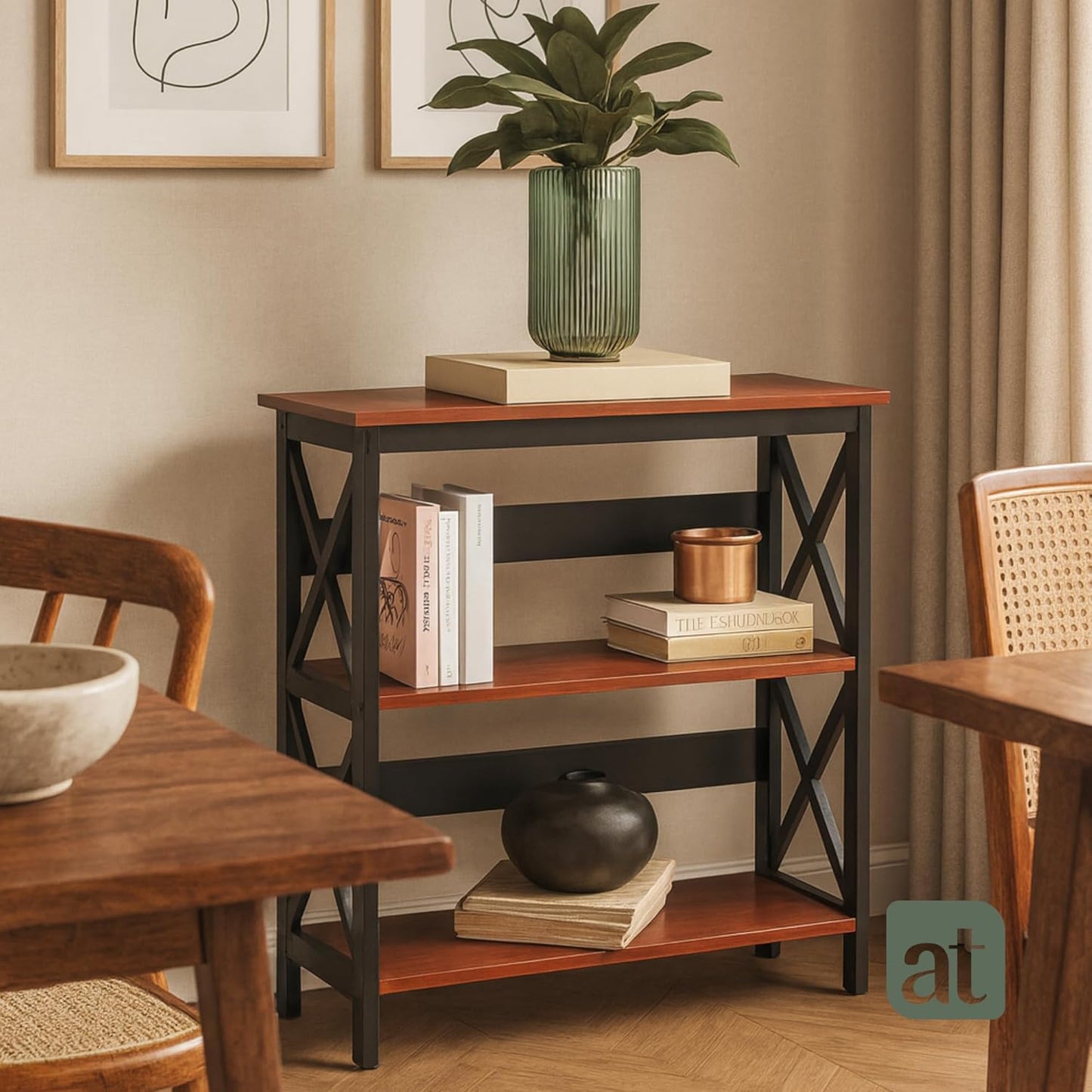 Credenza Recibidor Moderna - Mesa para Recibidor Entrada con 3 Repisas de Madera (Negro con café)