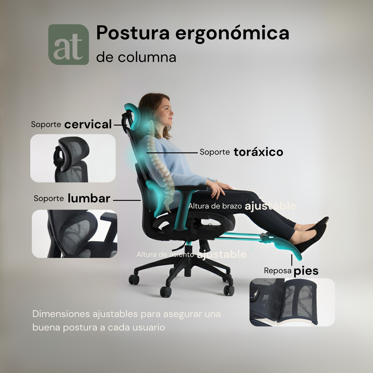 Silla Oficina Ergonómica Soporte Lumbar Silla de Malla para Oficina Asiento Ajustable Negra con reposapies