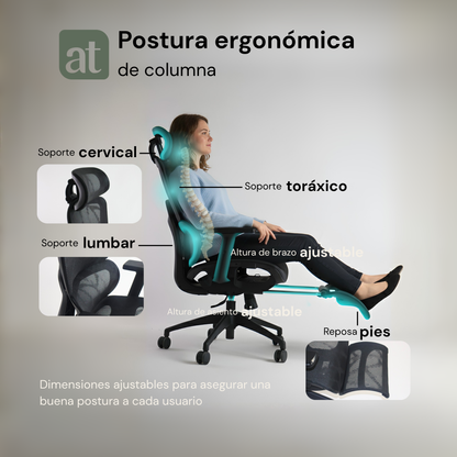 Silla Oficina Ergonómica Soporte Lumbar Silla de Malla para Oficina Asiento Ajustable Negra con reposapies
