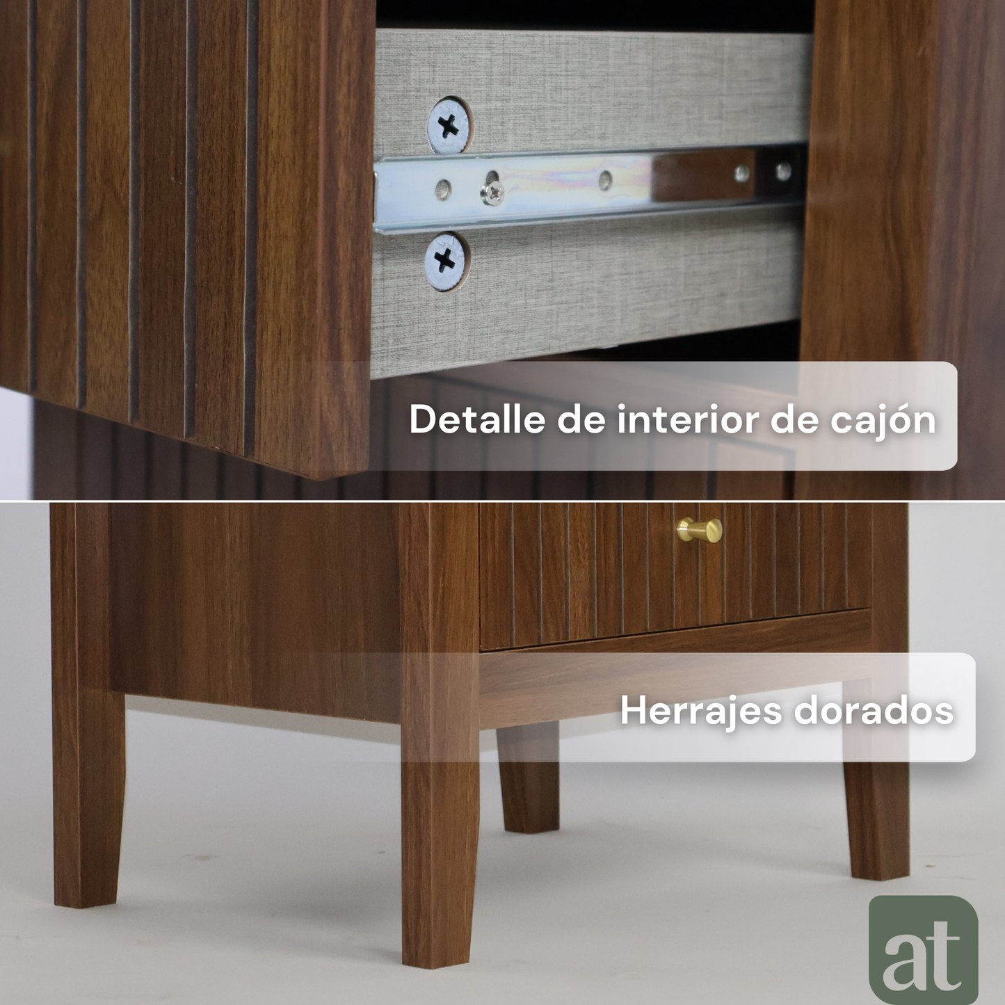 ALTALIA DECO HOME Buró de Madera - Buros para recamara Estilo Moderno Contemporáneo - Mesa de Noche 2 Cajones con Herrajes Dorados y 1 Repisa - Buro para Recámara o Sala Mesita Auxiliar (Café Nogal)