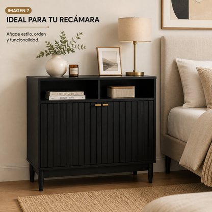 Credenza Bufetera de Madera 88x40x81cm - Trinchador para Comedor con 2 Puertas y Repisas Abiertas - Acabados en Lambrín - Mueble Versátil para Sala, Cocina, Recibidor