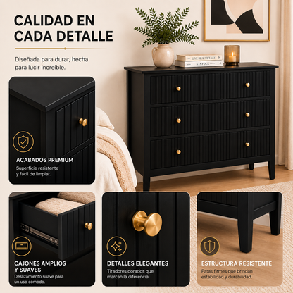 Cajonera para Recamara 90x40x80 cm - Cómoda Cajonera de 3 Cajones Madera de MDF - Muebles Versátiles para Ropa, Comoda Cambiador para Bebe, Mueble TV, Recibidor, Credenza