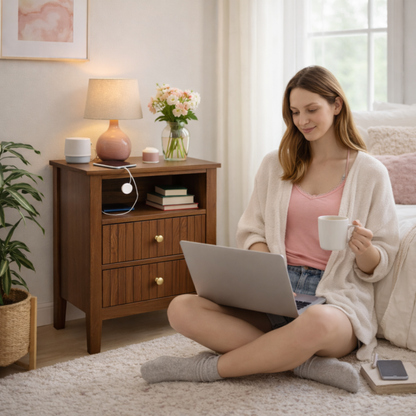 ALTALIA DECO HOME Buró de Madera - Buros para recamara Estilo Moderno Contemporáneo - Mesa de Noche 2 Cajones con Herrajes Dorados y 1 Repisa - Buro para Recámara o Sala Mesita Auxiliar (Café Nogal)