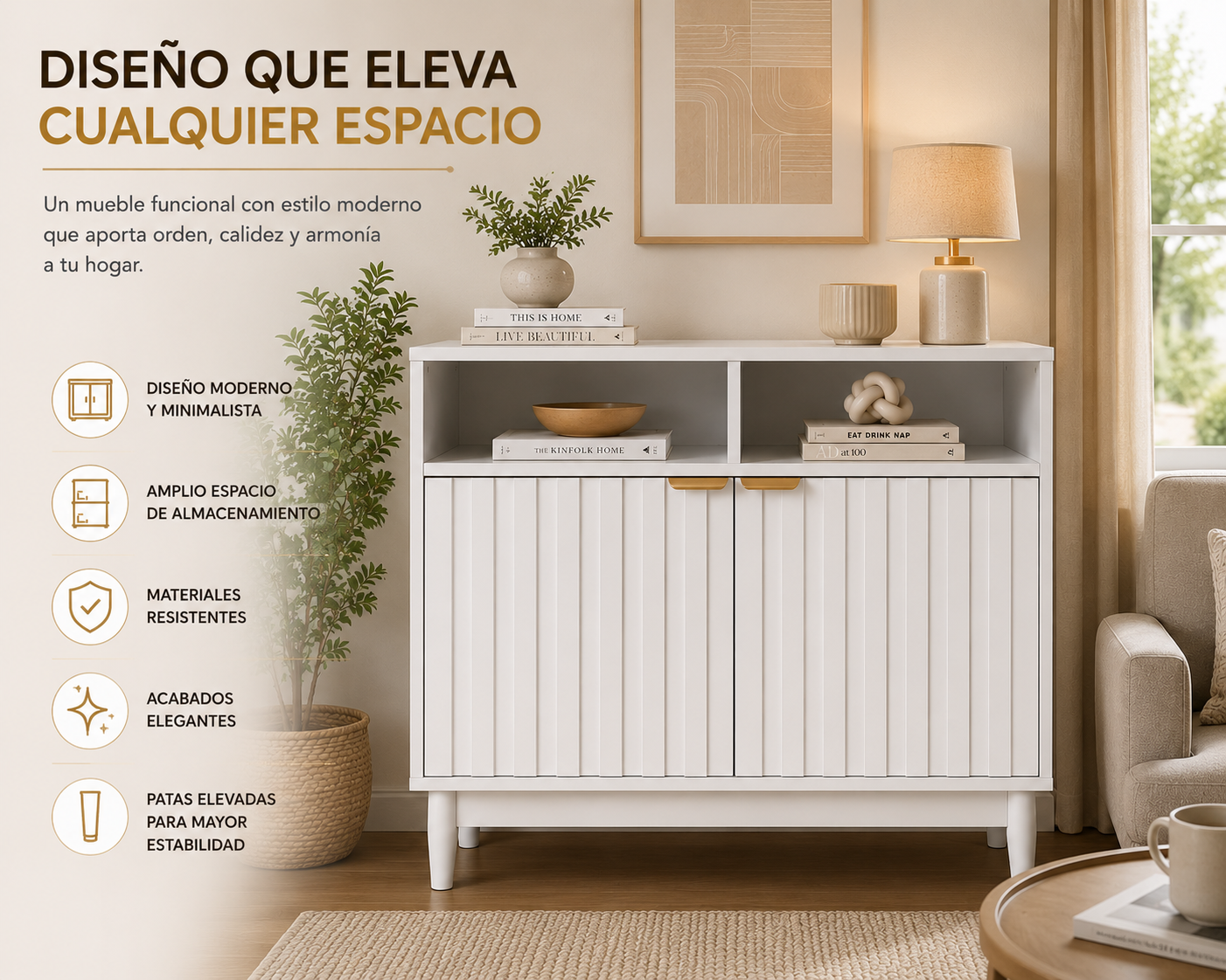 Credenza Bufetera de Madera 88x40x81cm - Trinchador para Comedor con 2 Puertas y Repisas Abiertas - Acabados en Lambrín - Mueble Versátil para Sala, Cocina, Recibidor