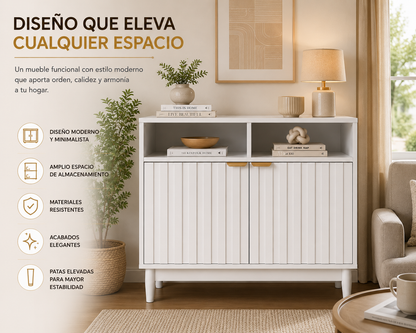 Credenza Bufetera de Madera 88x40x81cm - Trinchador para Comedor con 2 Puertas y Repisas Abiertas - Acabados en Lambrín - Mueble Versátil para Sala, Cocina, Recibidor