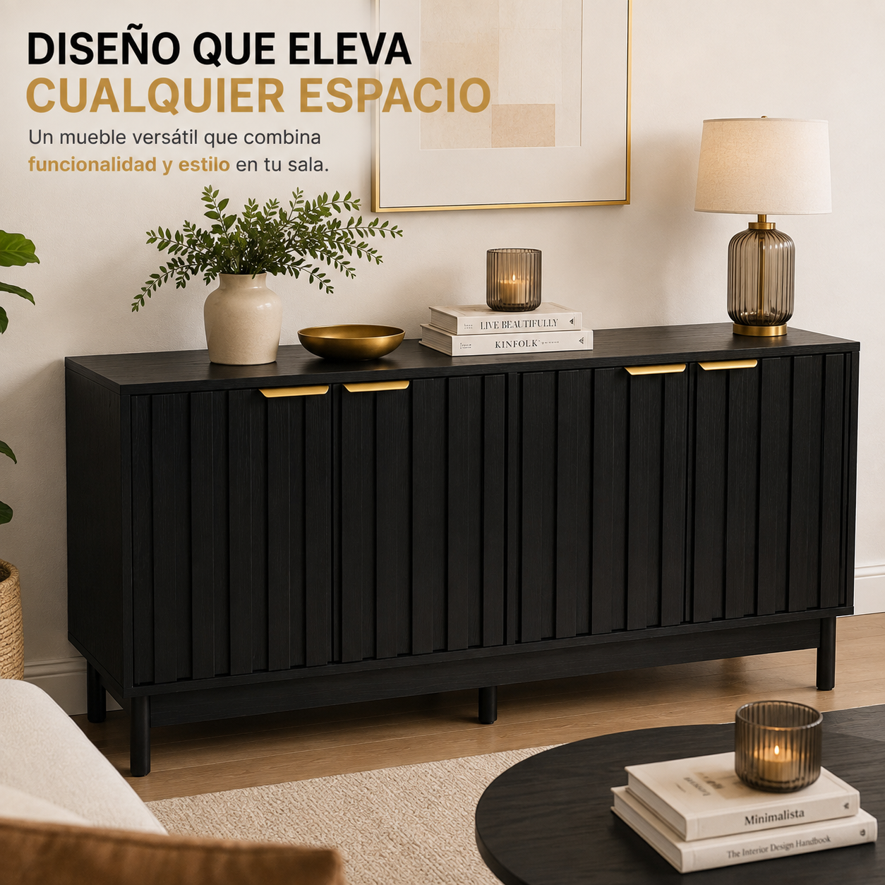 Credenza Bufetera Mueble para Comedor 4 Puertas - Aparador Recibidor Grande 140x40x81 cm - Frente Acanalado Lambrín - Herrajes Dorados - Buffetera para Sala/Recibidor
