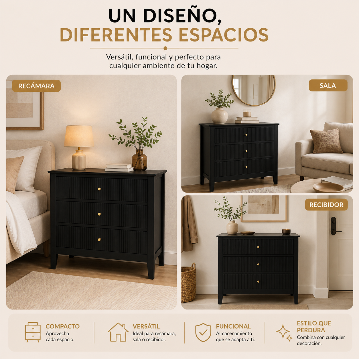 Buró para Recámara Minimalista - Buros Muebles para recamara Anchos, cajonera Mediana de Madera MDF con 3 Cajones - Mesa Auxiliar - 65x40x61.5 cm - Mesa de Noche Ancha