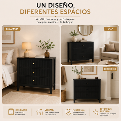 Buró para Recámara Minimalista - Buros Muebles para recamara Anchos, cajonera Mediana de Madera MDF con 3 Cajones - Mesa Auxiliar - 65x40x61.5 cm - Mesa de Noche Ancha
