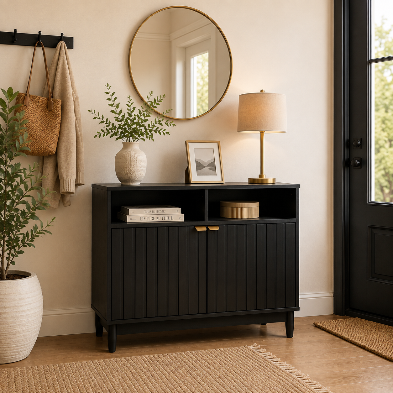 Credenza Bufetera de Madera 88x40x81cm - Trinchador para Comedor con 2 Puertas y Repisas Abiertas - Acabados en Lambrín - Mueble Versátil para Sala, Cocina, Recibidor