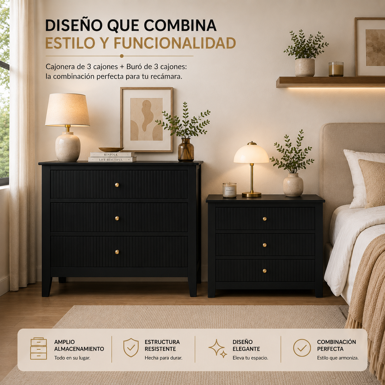 Buró para Recámara Minimalista - Buros Muebles para recamara Anchos, cajonera Mediana de Madera MDF con 3 Cajones - Mesa Auxiliar - 65x40x61.5 cm - Mesa de Noche Ancha