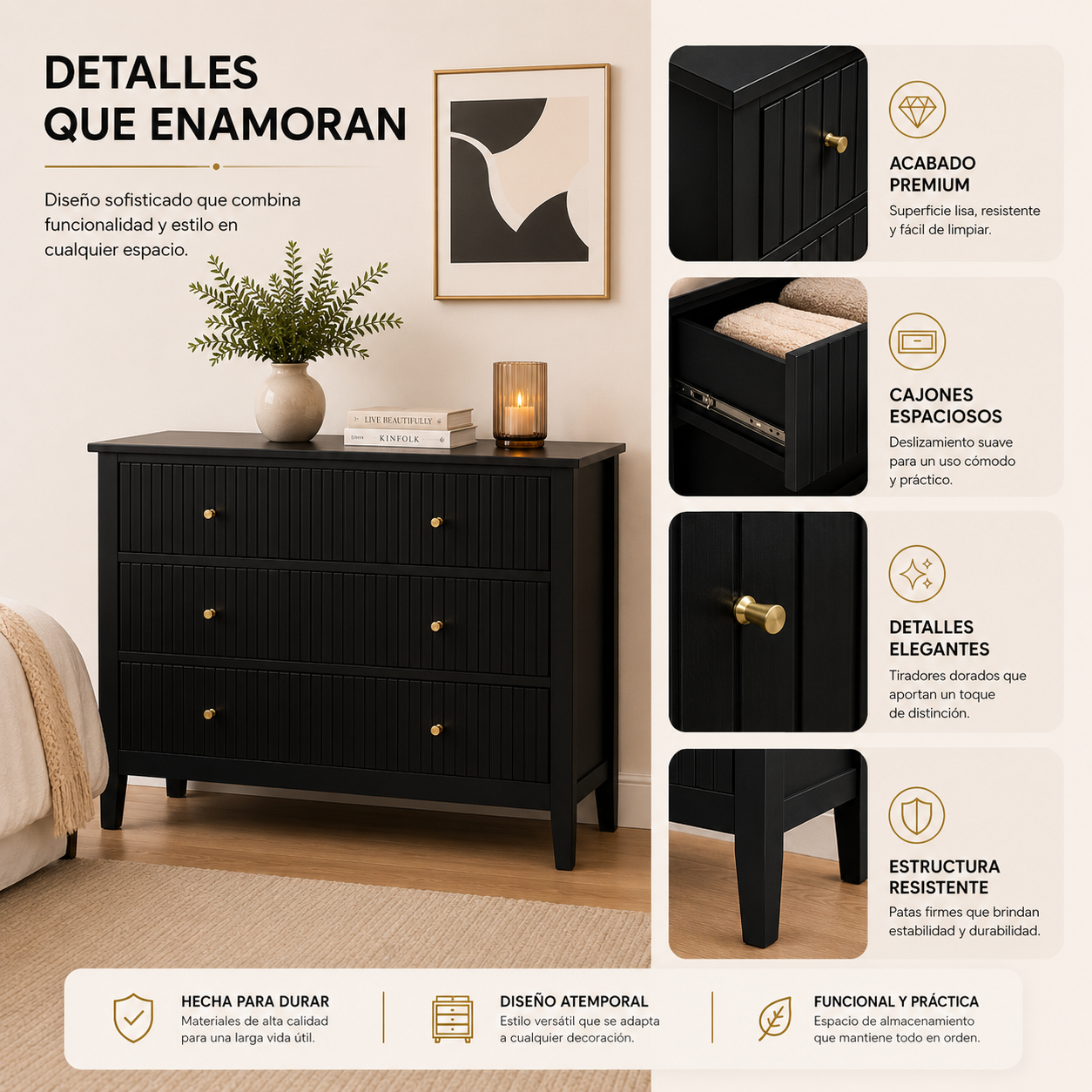 Cajonera para Recamara 90x40x80 cm - Cómoda Cajonera de 3 Cajones Madera de MDF - Muebles Versátiles para Ropa, Comoda Cambiador para Bebe, Mueble TV, Recibidor, Credenza