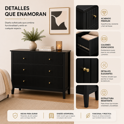Cajonera para Recamara 90x40x80 cm - Cómoda Cajonera de 3 Cajones Madera de MDF - Muebles Versátiles para Ropa, Comoda Cambiador para Bebe, Mueble TV, Recibidor, Credenza