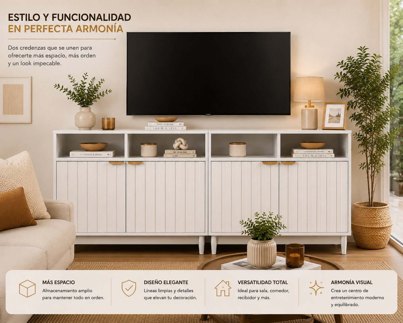 Credenza Bufetera de Madera 88x40x81cm - Trinchador para Comedor con 2 Puertas y Repisas Abiertas - Acabados en Lambrín - Mueble Versátil para Sala, Cocina, Recibidor