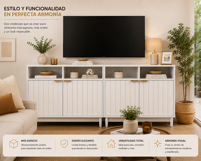 Credenza Bufetera de Madera 88x40x81cm - Trinchador para Comedor con 2 Puertas y Repisas Abiertas - Acabados en Lambrín - Mueble Versátil para Sala, Cocina, Recibidor