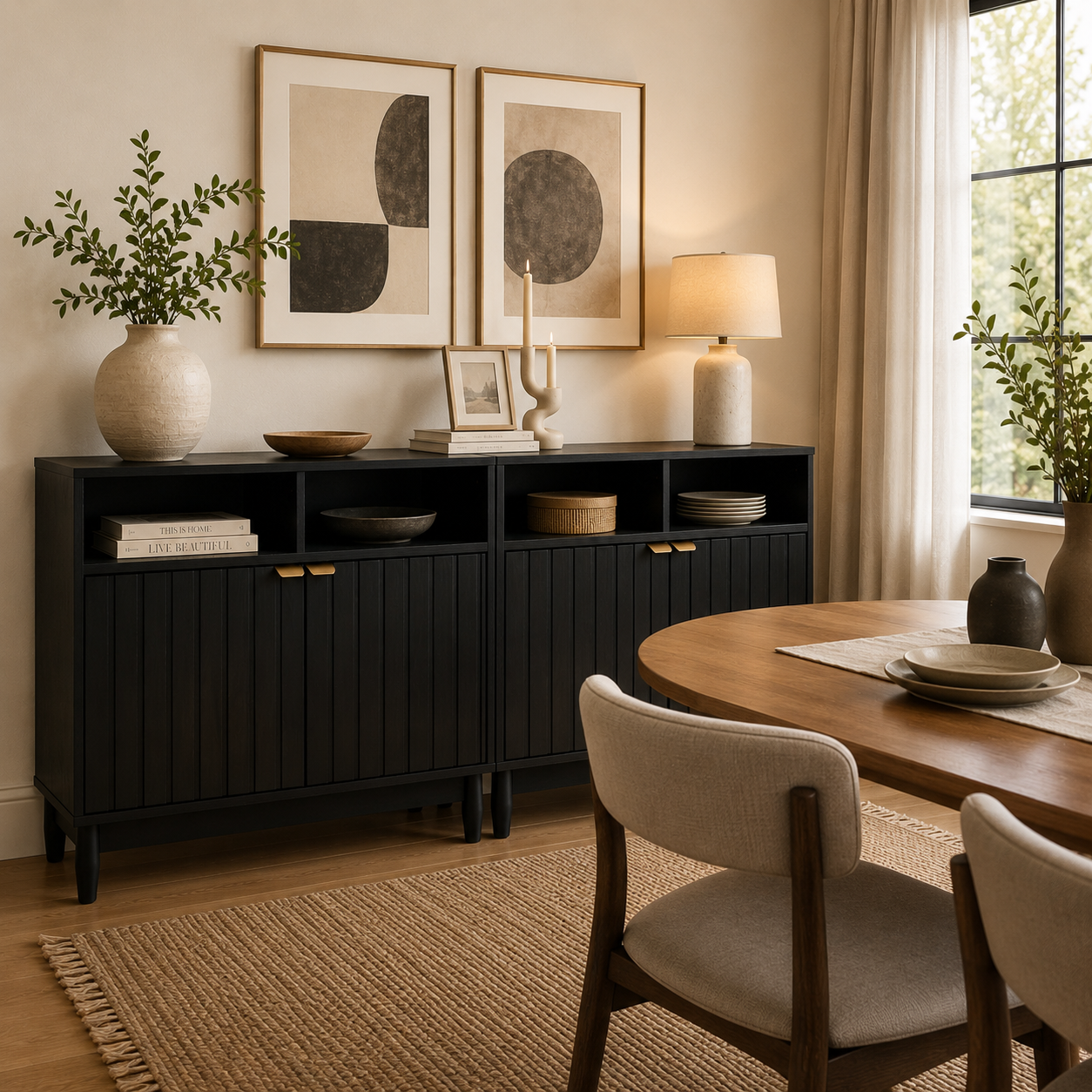 Credenza Bufetera de Madera 88x40x81cm - Trinchador para Comedor con 2 Puertas y Repisas Abiertas - Acabados en Lambrín - Mueble Versátil para Sala, Cocina, Recibidor
