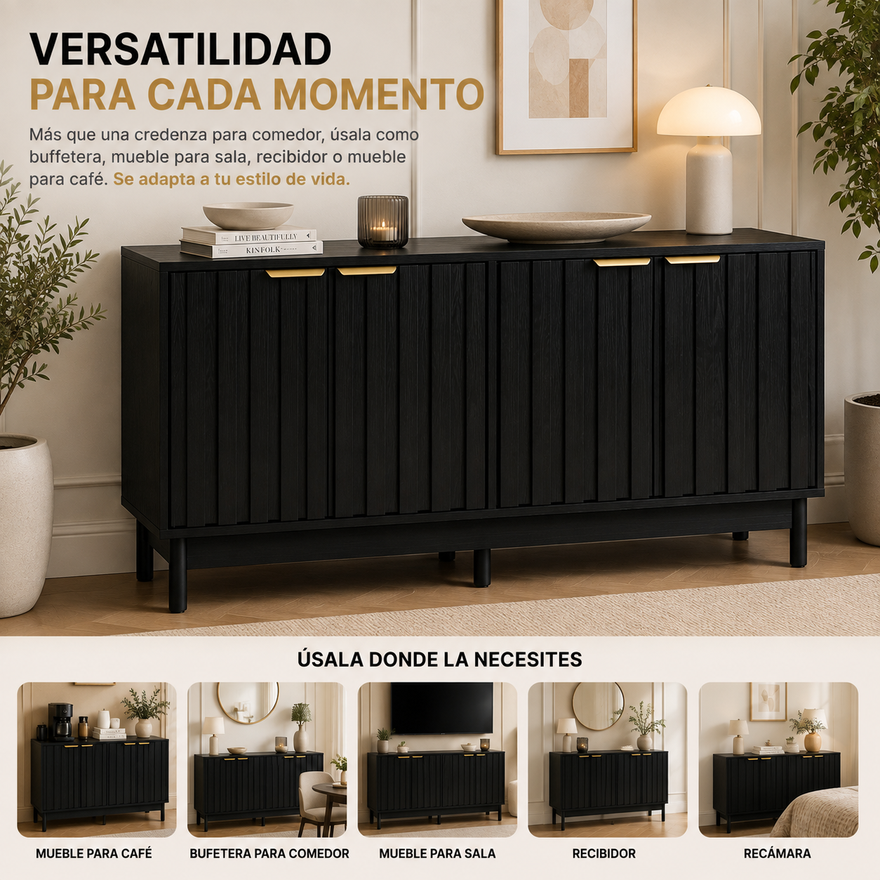 Credenza Bufetera Mueble para Comedor 4 Puertas - Aparador Recibidor Grande 140x40x81 cm - Frente Acanalado Lambrín - Herrajes Dorados - Buffetera para Sala/Recibidor