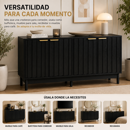 Credenza Bufetera Mueble para Comedor 4 Puertas - Aparador Recibidor Grande 140x40x81 cm - Frente Acanalado Lambrín - Herrajes Dorados - Buffetera para Sala/Recibidor