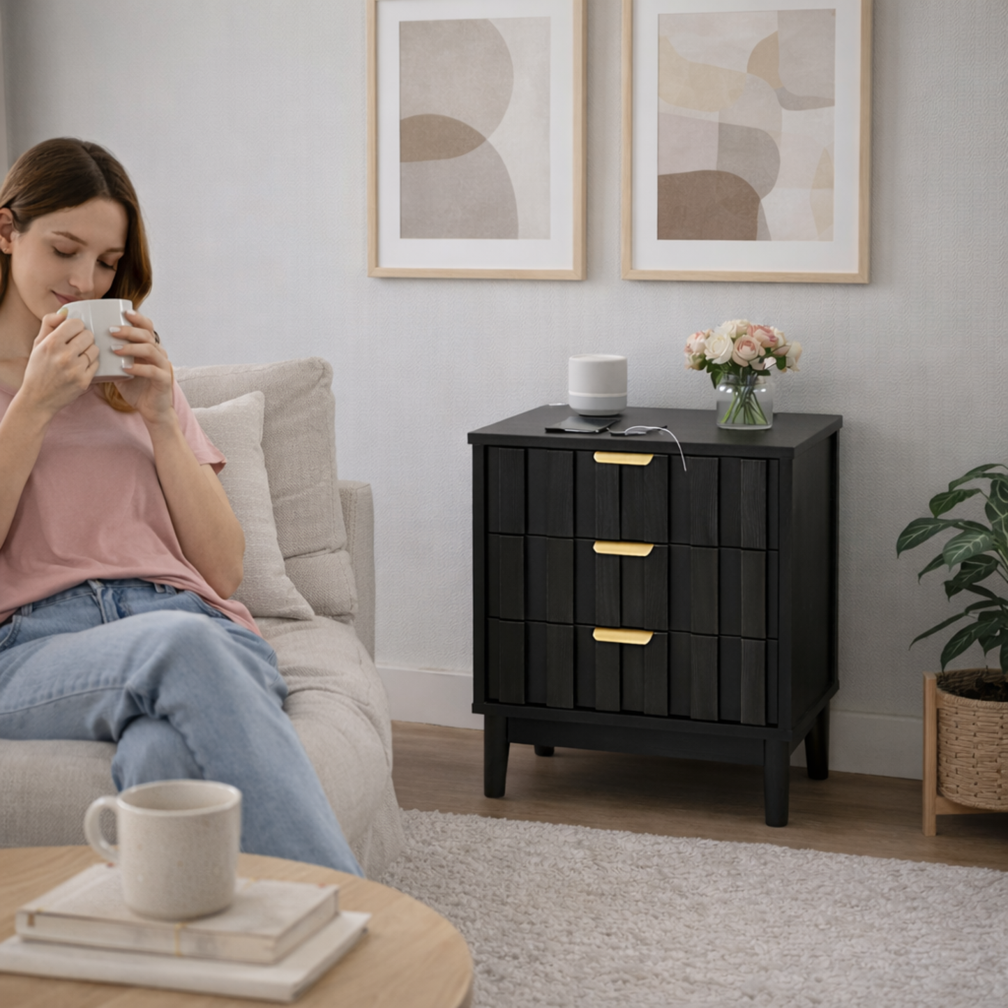 ALTALIA DECO HOME Buró para Recámara Moderno - Mesa de Noche 3 Cajones Almacenamiento - Buro Minimalista Lambrín - 60x48x40cm - Buro Madera MDF - Buros Recámara Mesita Noche Auxiliar (Negro 3 Cajones)